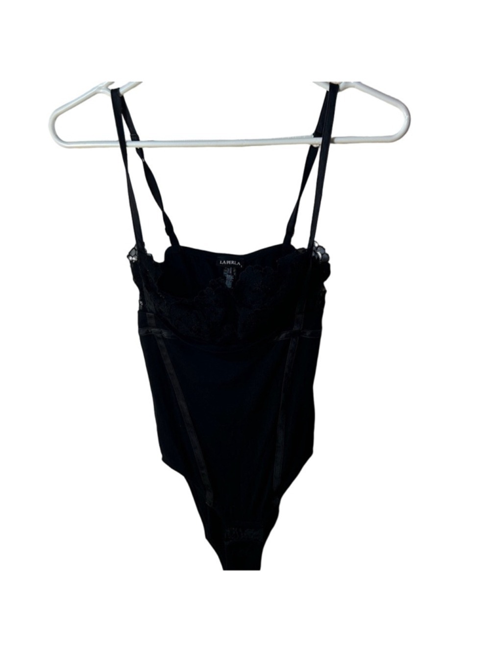 La Perla Black Lace Embroidered Mesh Bodysuit US 32 Modal Blend Designer Luxury